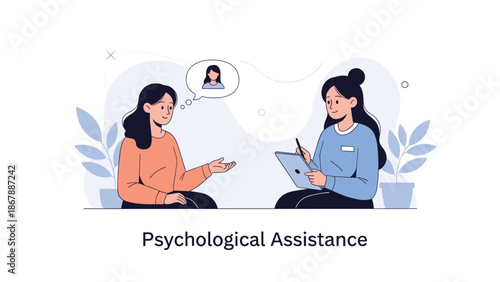 Female psychologist providing psychological assistance to a patient during a therapy session, taking notes on a clipboard in a calm setting.