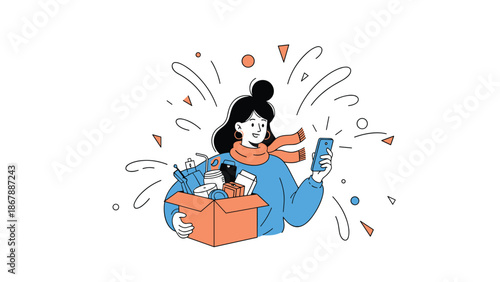 Happy woman holding a donation box full of items and looking at her smartphone, participating in an online charity or giveaway event.