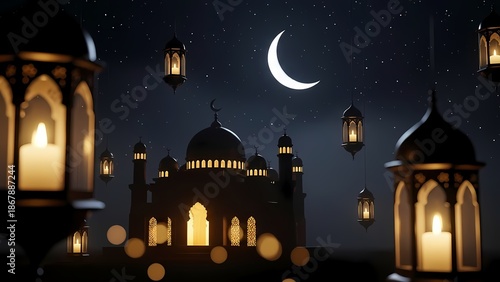 Islamic night scene with hanging glowing lanterns, crescent moon, and majestic mosque silhouette on starry sky background for Ramadan Kareem and Eid Mubarak