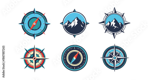 Set of six illustrated icons featuring compasses and mountain symbols for navigation and adventure themes.