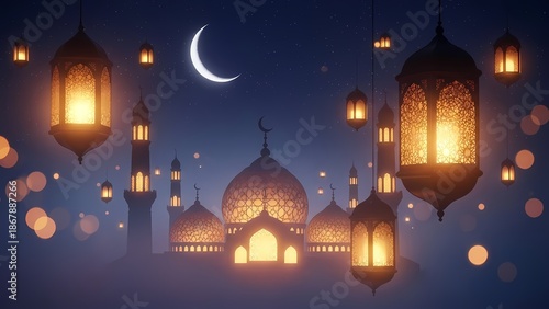 Beautiful Islamic night background with glowing lanterns, crescent moon, and mosque silhouette for Ramadan Kareem and Eid Mubarak celebration