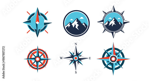Set of six compass and mountain icons in modern flat style for navigation and travel themes.