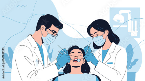 Male and female dentists with face masks and tools providing professional dental care to a female patient in a modern clinic.
