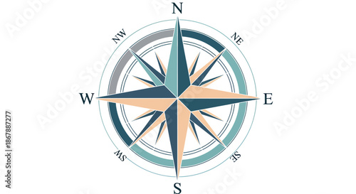 Detailed illustration of a classic compass rose with cardinal and intercardinal directions.