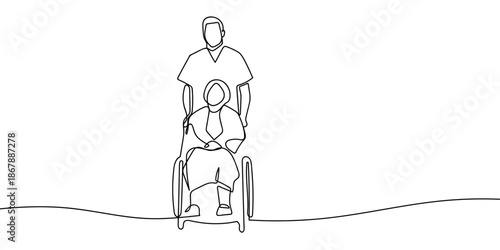 A continuous line on a transparent background of a person pushing a patient in a wheelchair. in single line art illustration. Editable stroke.