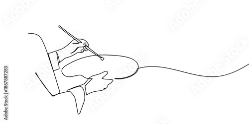 A continuous line on a transparent background a hand holding a paintbrush. in single line art illustration. Editable stroke.