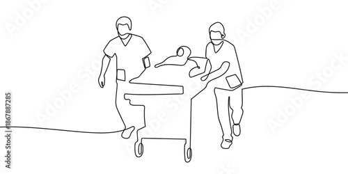 A continuous line on a transparent background a nurse pushing a patient's bed. in single line art illustration. Editable stroke.