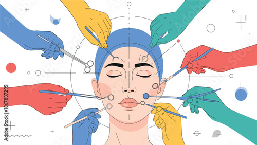 Conceptual illustration of plastic surgery and cosmetology, with many colorful gloved hands using surgical tools on a woman's face.