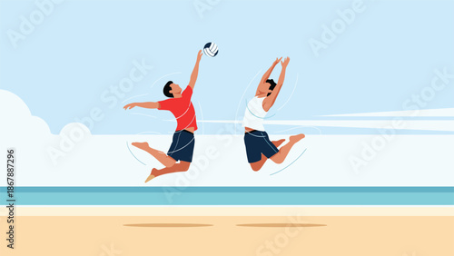 Two young men energetically jumping to spike a volleyball while playing on a sunny beach with the ocean in the background.
