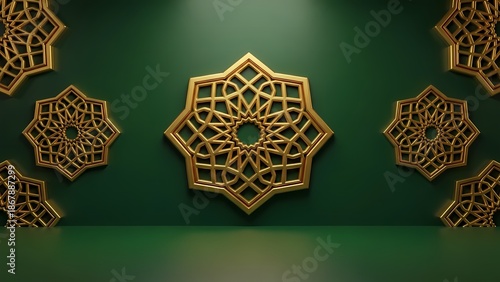 Luxury Islamic Green Podium Background with Golden Ornamental Stars for Ramadan Kareem and Eid Mubarak Greeting