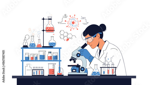 Female scientist in a lab coat and safety goggles meticulously examining a sample through a microscope in a modern research laboratory.