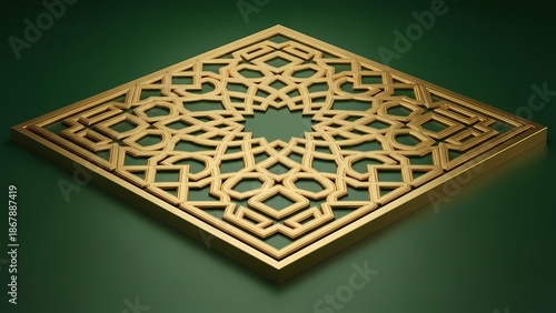 Elegant 3D Isometric View of a Gold Islamic Geometric Pattern Ornament on a Dark Green Background for Luxury Ramadan Kareem and Islamic Holiday Greeting