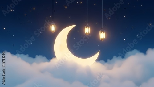 Beautiful 3D Illustration of a Glowing Crescent Moon with Lanterns and Stars over Soft White Clouds in the Night Sky for Ramadan Kareem and Eid Mubarak Background