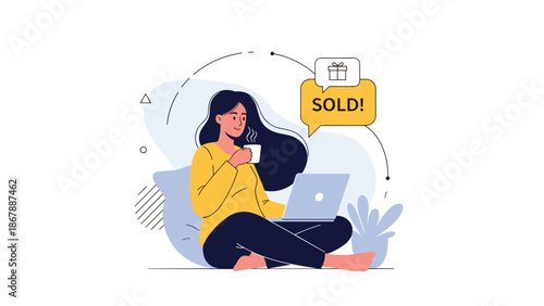 Woman sitting comfortably with a laptop, drinking coffee, and celebrating a successful online sale with a 'Sold!' speech bubble.
