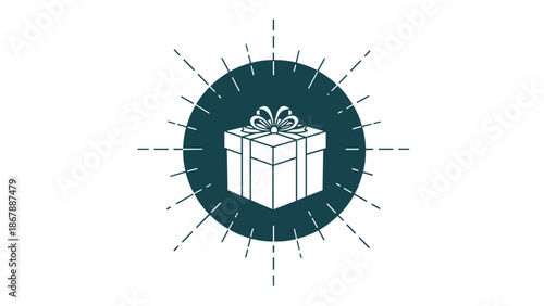 White gift box with a bow in the center of a dark green circle with radiating lines, creating a simple and elegant icon.