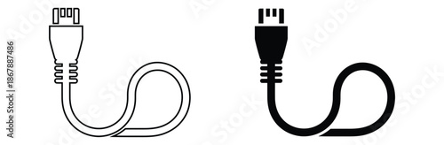 USB cables in line and solid styles for tech and design needs,USB cable icon vector illustration. Mobile charger, USB cable icon. White and Black USB cable vector icon. Mobile phone charging cable
