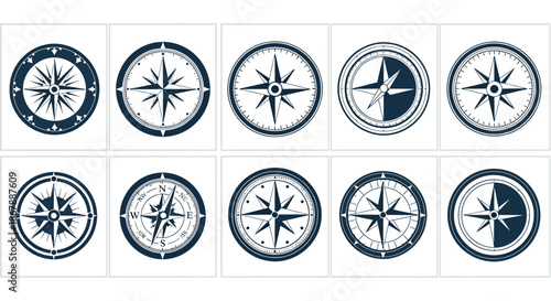 Set of ten different compass rose icons in various circular designs.
