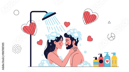 Romantic couple with soap foam in their hair lovingly embracing under a shower, surrounded by hearts and bathroom cosmetic products.