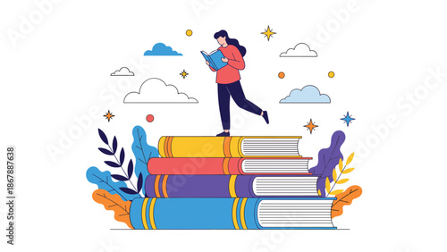 Young woman walking and reading on top of a giant stack of colorful books, symbolizing the journey of learning and education.