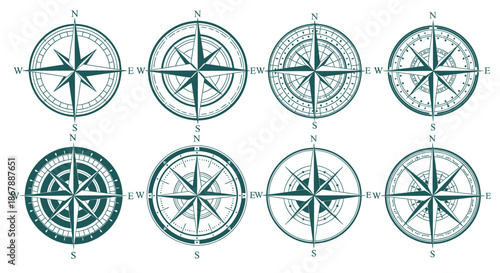 Set of nine detailed vintage compass rose icons for navigation and direction illustration.