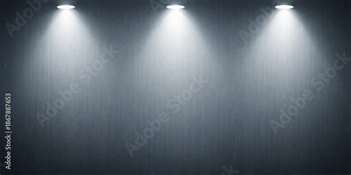 A shiny brushed silver metal wall with a stainless steel texture creates a metallic grey backdrop illuminated by a bright spotlight on the stage