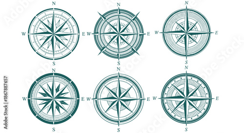 Set of six vintage style compass rose illustrations with directional points and decorative details.