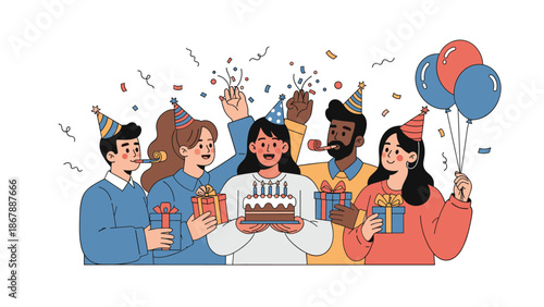 Diverse group of friends celebrating a birthday party with a cake, gifts, balloons, and confetti, all wearing festive party hats.