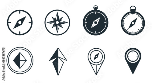 Set of eight different compass and navigation icons in black and white style.