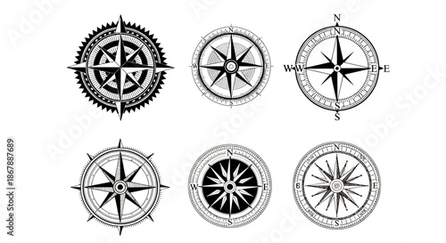 Set of six detailed black and white compass rose illustrations for navigation and design.