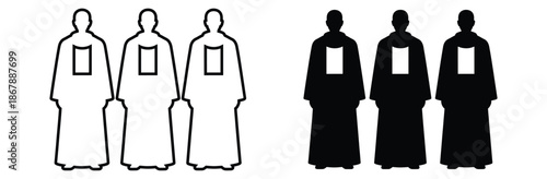 Simple line and solid silhouettes of three people standing,Silhouettes of diverse people standing. 