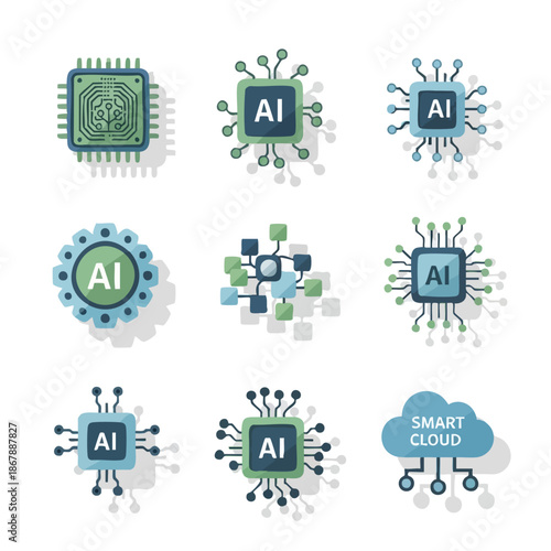 Collection of eight flat design icons depicting AI concepts with circuit boards and neural networks on a white background.