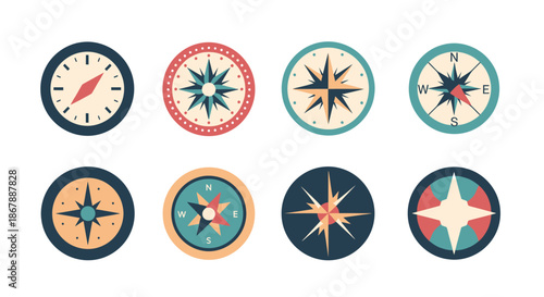 Set of eight colorful vintage style compass icons with different designs and directional arrows.