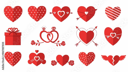 Collection of Red Hearts and Valentines Day Symbols.