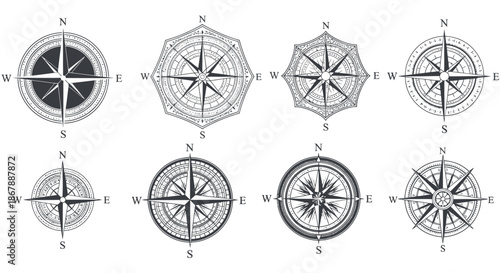 Set of eight detailed vintage compass rose illustrations with various decorative designs.