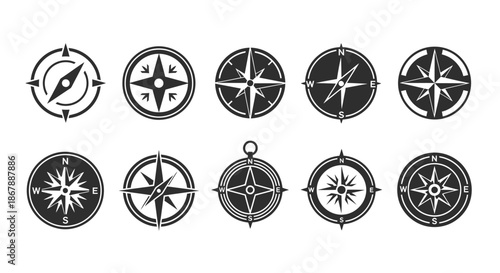 Set of ten different black and white compass rose icons in various styles on a white background.