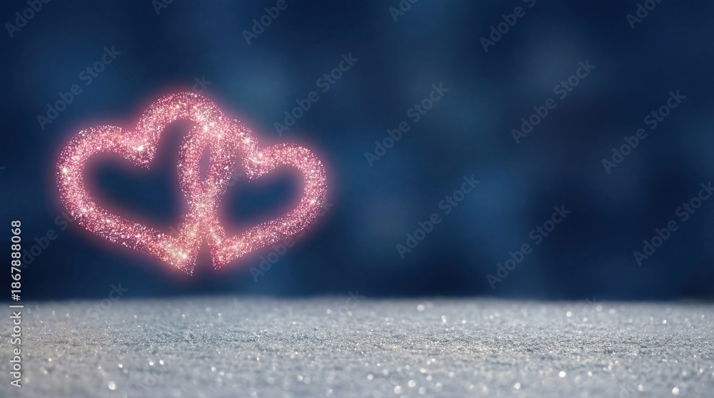 Fototapeta premium Glowing Pink Intertwined Hearts Floating Over Winter Snow Background, Romantic Valentine's Day Banner with Sparkling Love Symbol and Copy Space