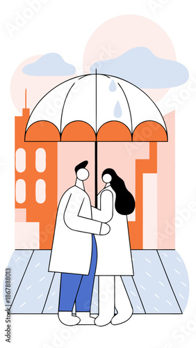 Couple Sharing Umbrella on Rainy City Street