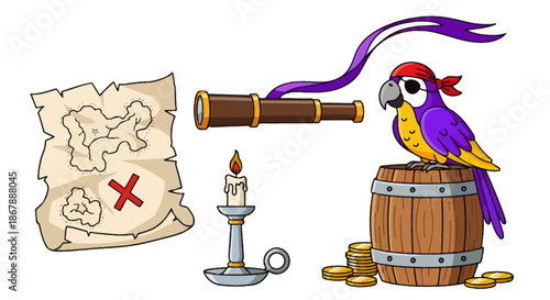 Colorful pirate parrot with treasure map, candle, telescope, and gold coins illustration.