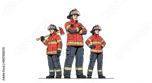 Three cartoon firefighters stand in uniform one holding an axe