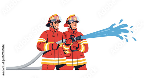 Two cartoon firefighters in red uniforms use a hose to spray water