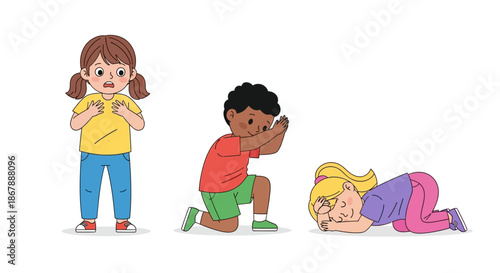 Three cartoon kids react one is startled one is kneeling with hands raised  one is face down