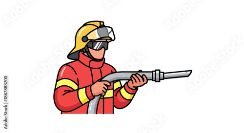 A firefighter in red uniform and yellow helmet aims a gray fire hose straight ahead