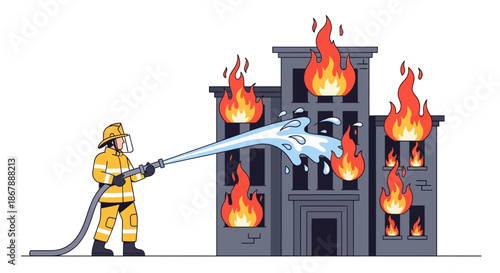 A firefighter sprays water on a burning building with visible flames and multiple windows engulfed in fire