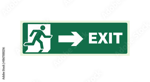 A green sign with a white exit symbol shows a running figure an arrow and the word EXIT