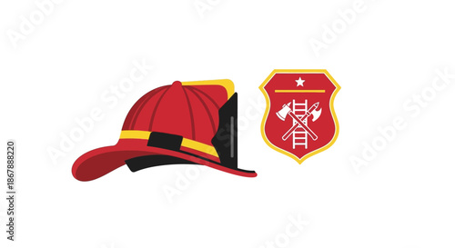 A firefighters helmet sits next to a shield bearing crossed axes and a ladder all in a simple graphic style