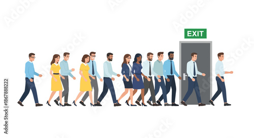 A line of business people walk through a gray exit door