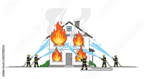 A house engulfed in flames being hosed down by six firefighters from both sides