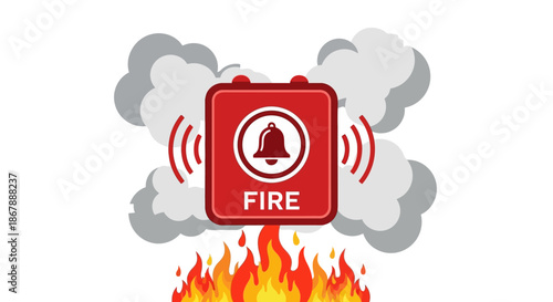 A red alarm siren with a bell icon flashes amid flames and smoke clouds
