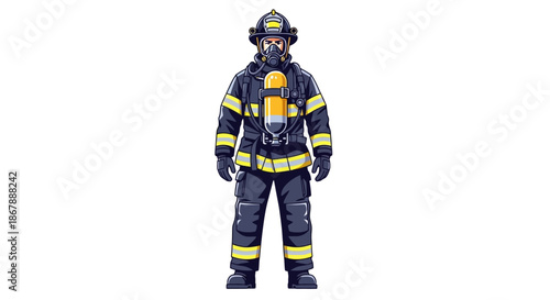 A person in full firefighter gear including helmet mask and air tank stands facing forward