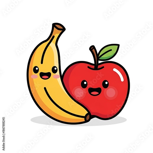 Smiling cartoon banana and apple friends.